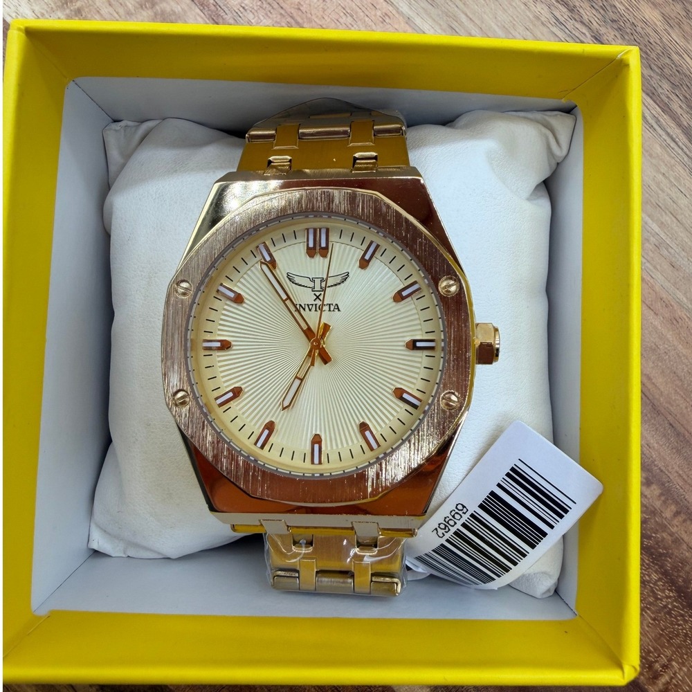 Invicta 42mm Gold Tone Stainless Steel Octagon Bezel Textured Dial Watch 69962